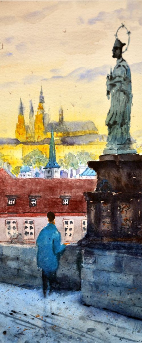 Twilight in Prague Charles Bridge by Nenad Kojić watercolorist