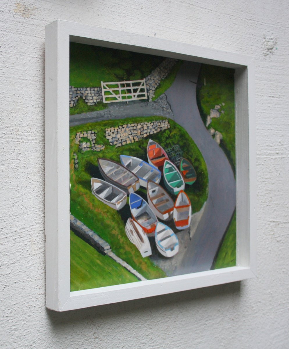 Impressionistic Landscape Acrylic Painting By Tim Treagust, 16 X 15", Nest Of Boats, Priest