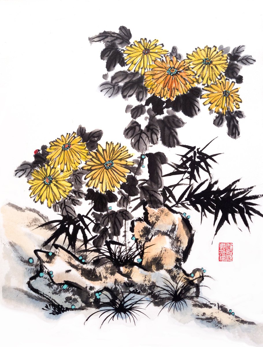 Red ladybug on yellow chrysanthemum - Oriental Chinese Ink Painting by Ilana Shechter