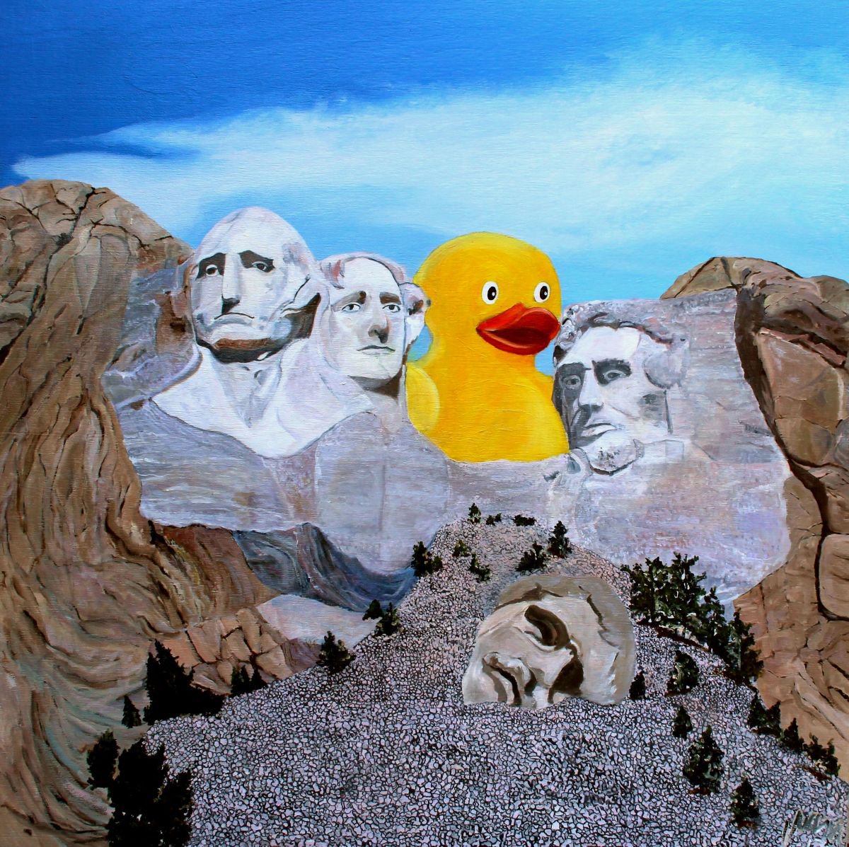 Surrealistic Landscape Oil Painting By Ken Vrana, 48 X 48", Ducky Causes Havoic On Mt. Rushmore, Original Artwork