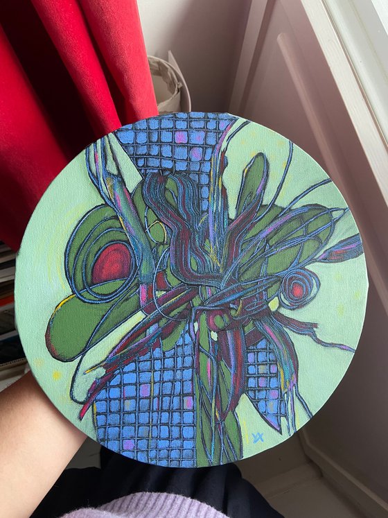 COPING MECHANISM HERBARIUM- abstract round small 30 cm painting, green, blue, red, flower