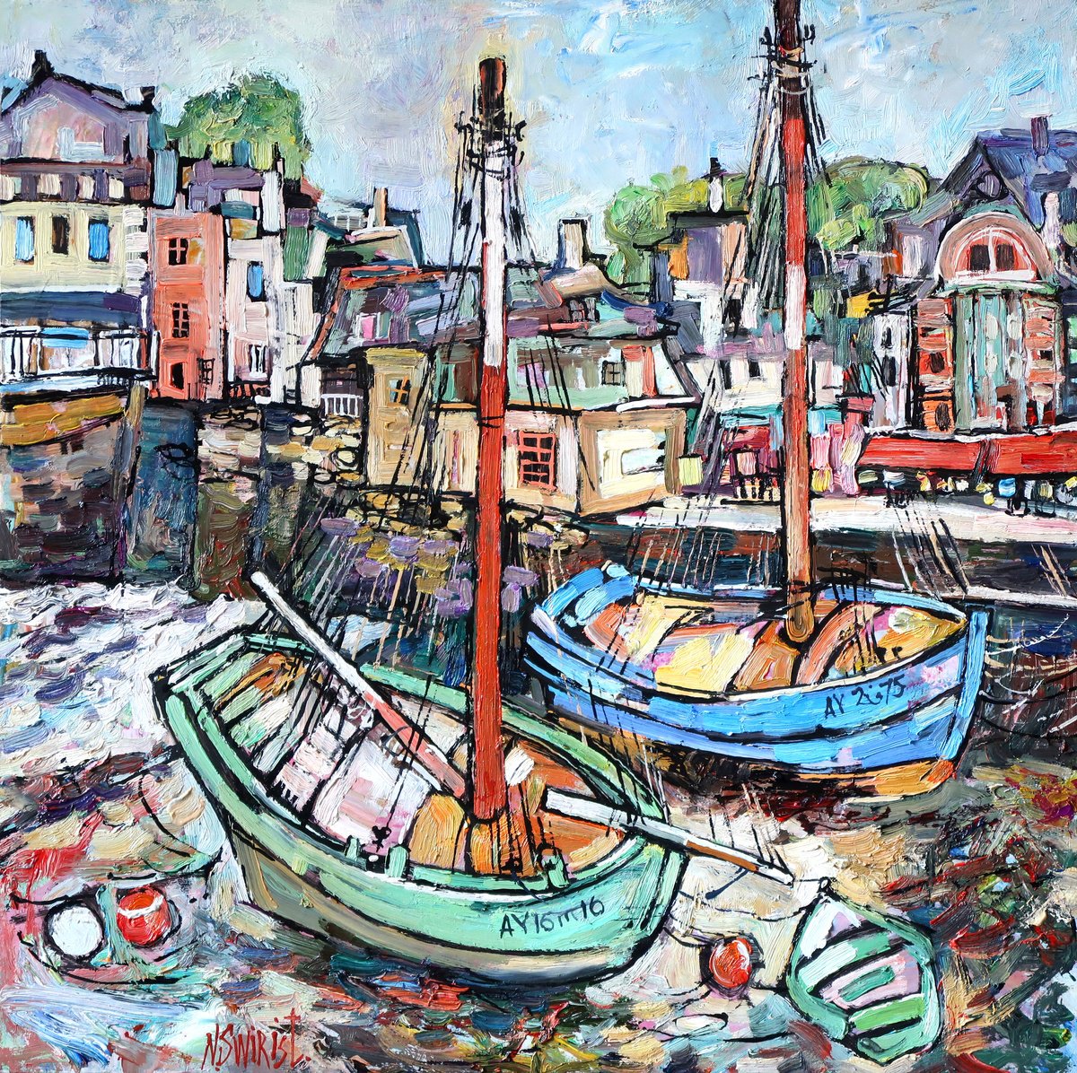 Impressionistic Cityscapes Oil Painting By Nikifor Swiristuhin, 20 X 20", Boats Of The City Of Auray., Original Artwork