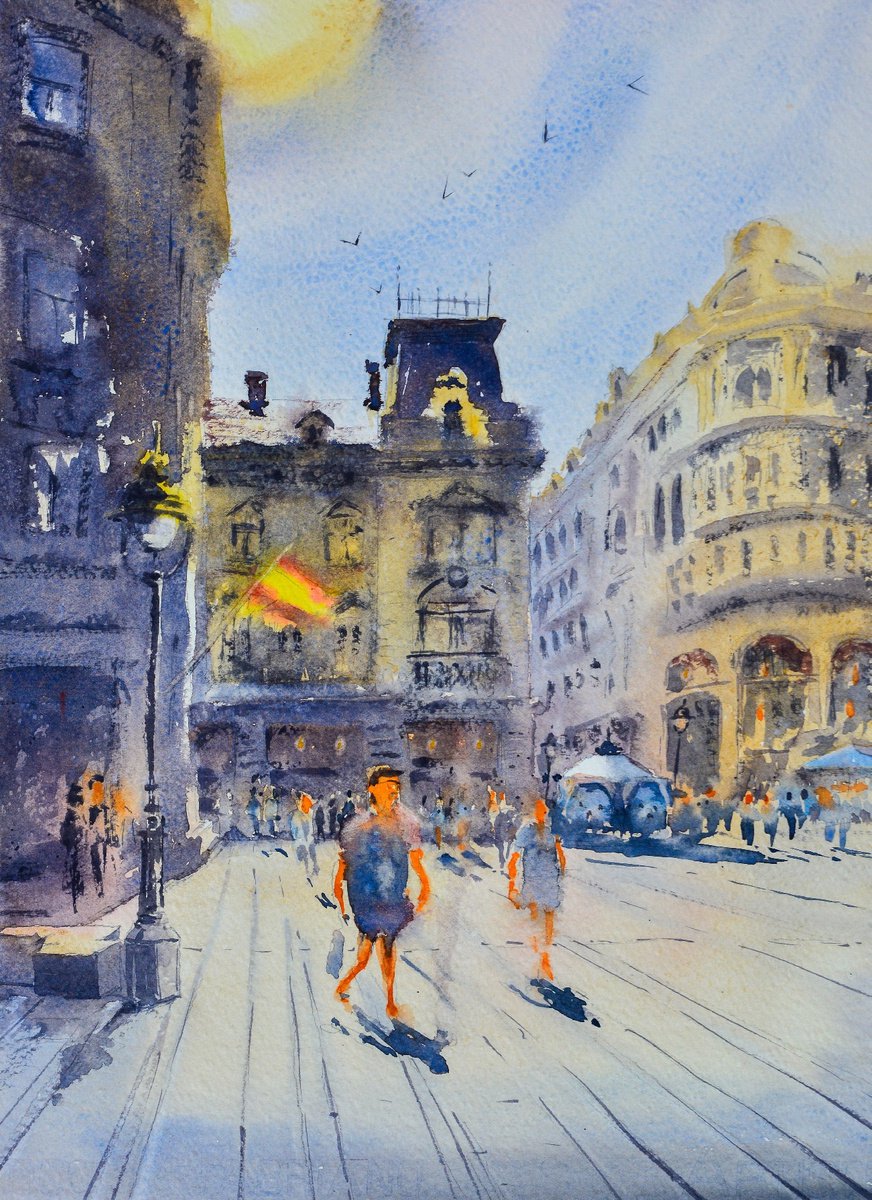 Under yellow-red flag Belgrade 25x36 cm 2022 by Nenad Kojic watercolorist