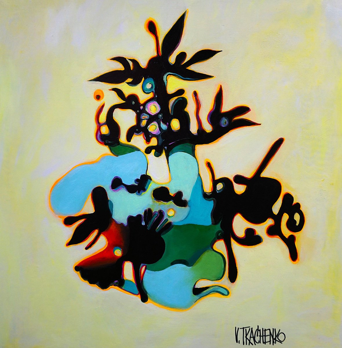 Organic Botanical Acrylic Painting By Victor Tkachenko, 24 X 24", Rorschach Blooming, Original Artwork