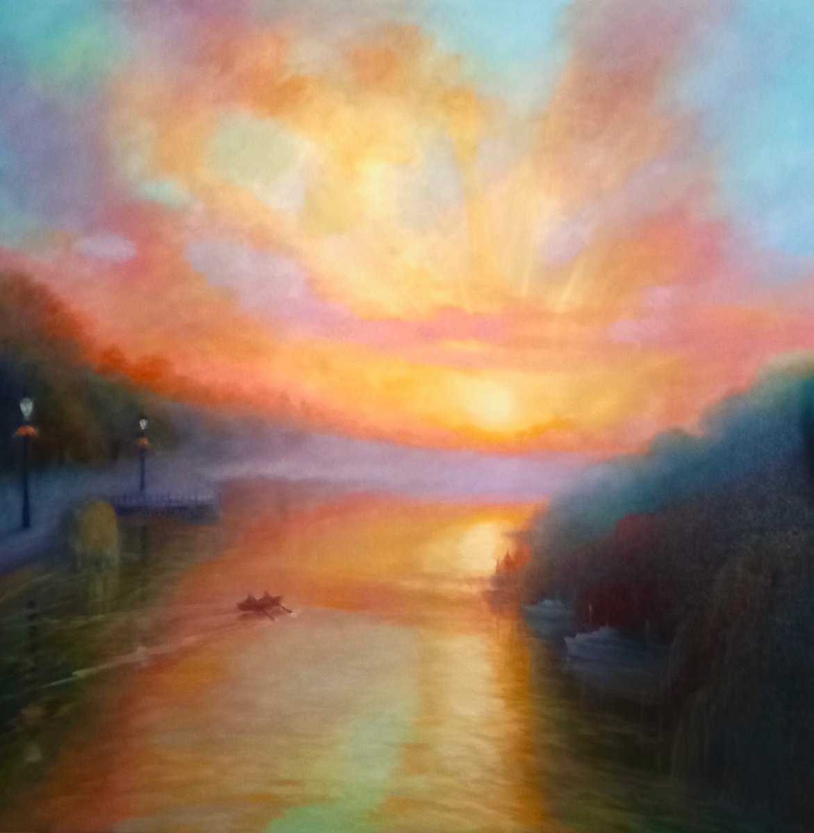 Impressionistic Landscape Oil Painting By Lee Campbell, 31 X 31", Twickenham Sunrise, Original Artwork