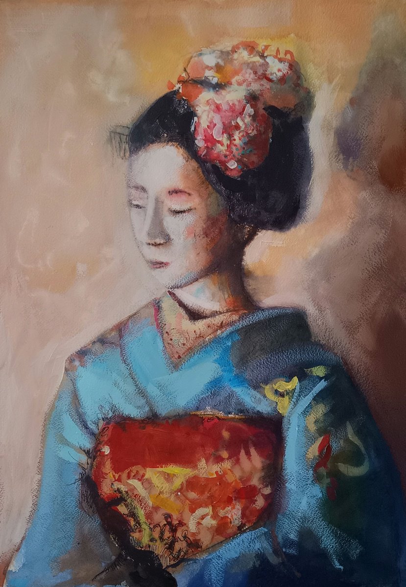 Expressive Portrait Painting By Marina Del Pozo, 14 X 20", Gheisa #11, Original Artwork