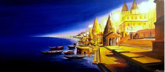 Night Varanasi Ghat - Acrylic on Canvas painting