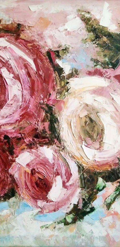 Pink Roses Painting Abstract Floral Original Art Impasto Flower Artwork, 70x60 cm, ready to hang. by Yulia Berseneva