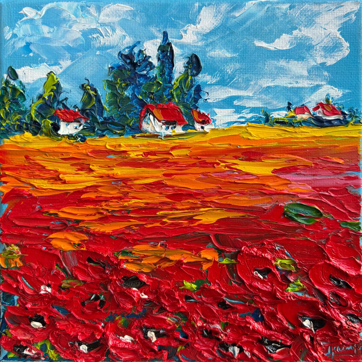 Impressionistic Landscape Oil Painting By Oksana Fedorova, 8 X 8", The Wild Flowers And House, Original Artwork