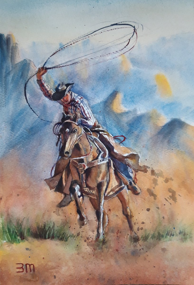 CowboyArt, HorseArt, WesternArt, Watercolor, RanchLife, WildWest, RodeoArt, TexasArt, Bron... by Bozhidara Mircheva