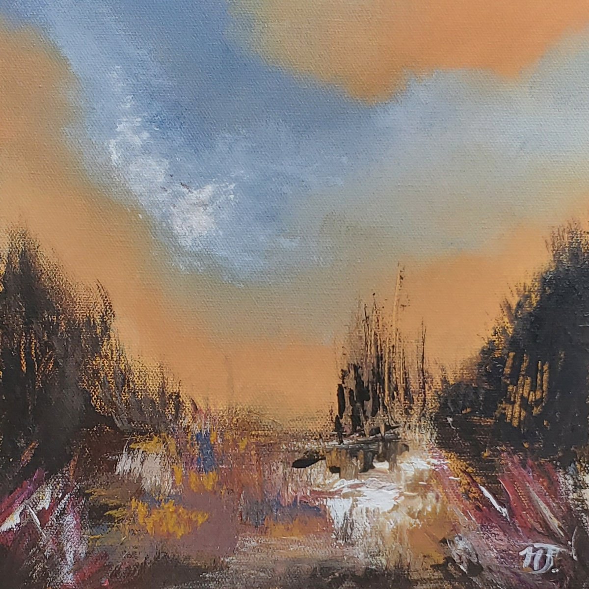 Impressionistic Landscape Acrylic Painting By Niyati Jiwani, 10 X 10", Golden Haze Iii, Original Artwork