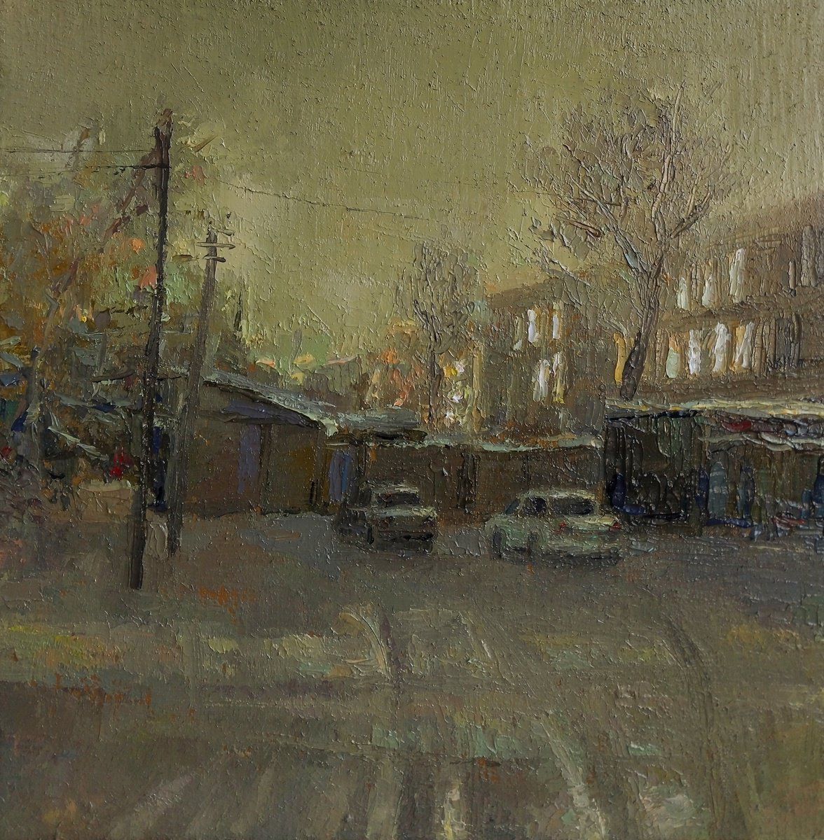 Impressionistic Cityscapes Oil Painting By Kamsar Ohanyan, 12 X 12", A Crisp Winter Dusk, Original Artwork