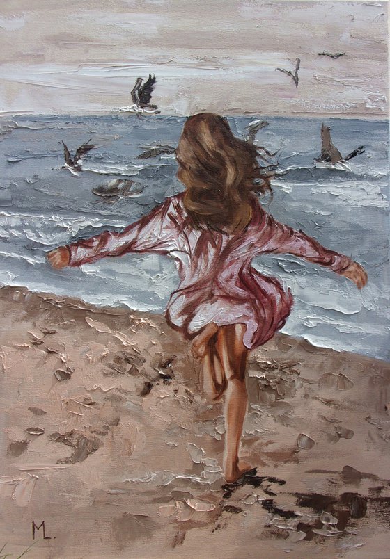 " DANCING WITH SEAGULLS "- SKY SEA SAND liGHt  ORIGINAL OIL PAINTING, GIFT, PALETTE KNIFE