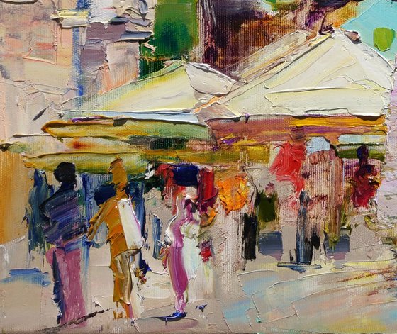 . Embankment of the old city of Uzhgorod. Ukrainian landscape. Original plein air oil painting .