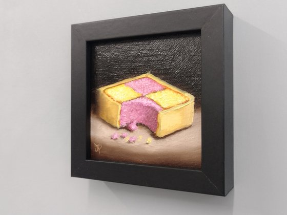 Little Battenberg cake slice still life