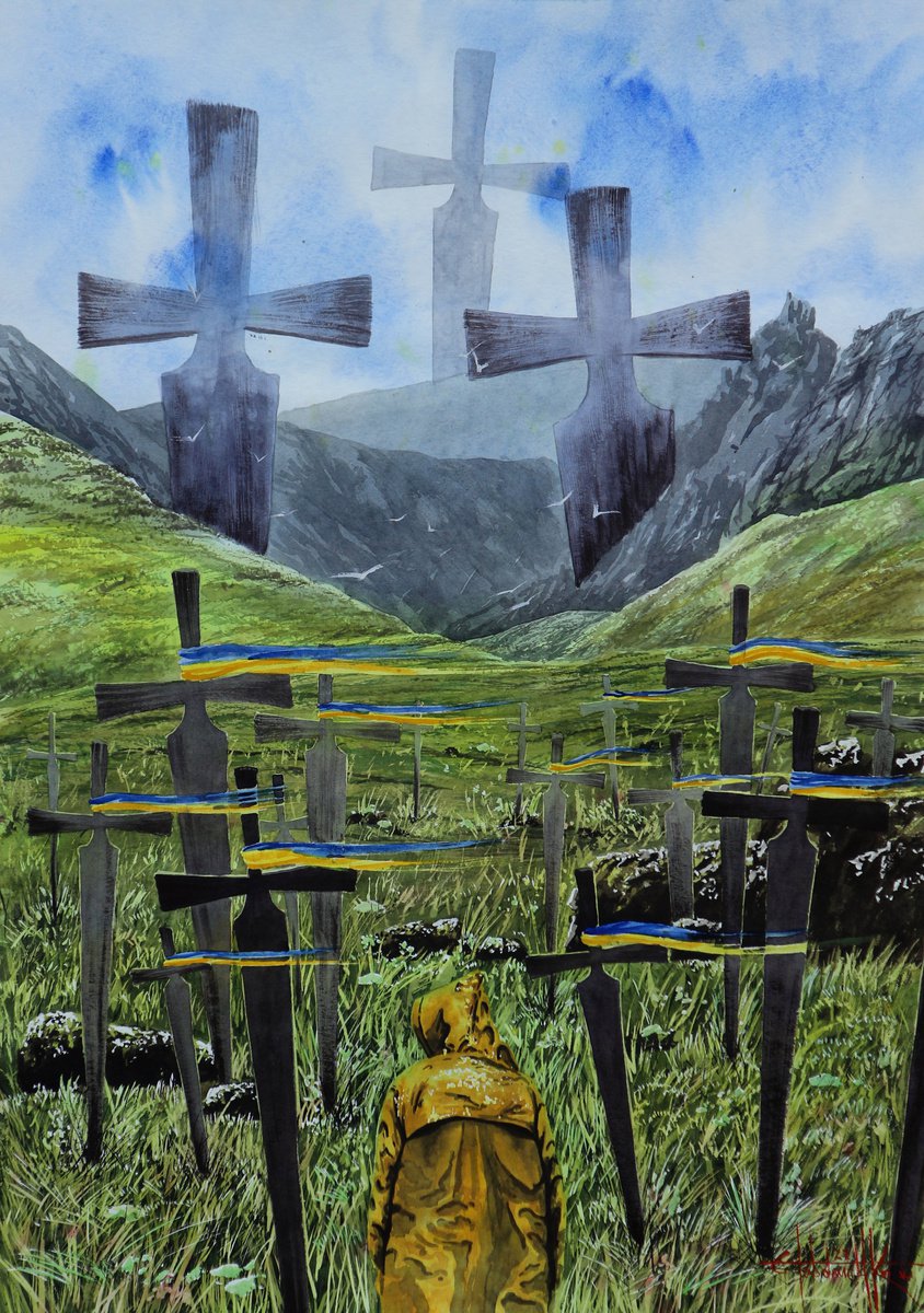 Photorealistic Landscape Watercolour By Eugene Gorbachenko, 20 X 28, Memories Of The Heroes Of War, Original Artwork