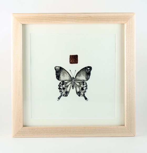 Swallowtail Butterfly / Intricate Ink Painting with Copper / Framed in a Maple Frame