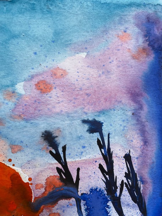 Abstract Watercolor Painting Original, Red Sun Original Artwork, Bright Wall Art