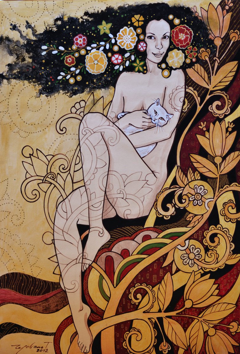 Graphic Drawing , Cat Charmer By Tetiana Cherevan, 20 X 28, Artwork For Sale On Artfinder