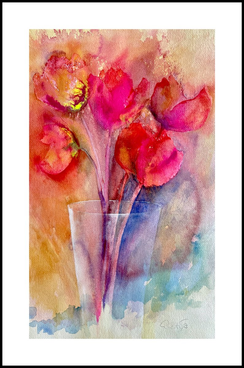 Abstract Botanical Watercolour By Gesa Reuter, 12 X 20, Tulip Love, Original Artwork