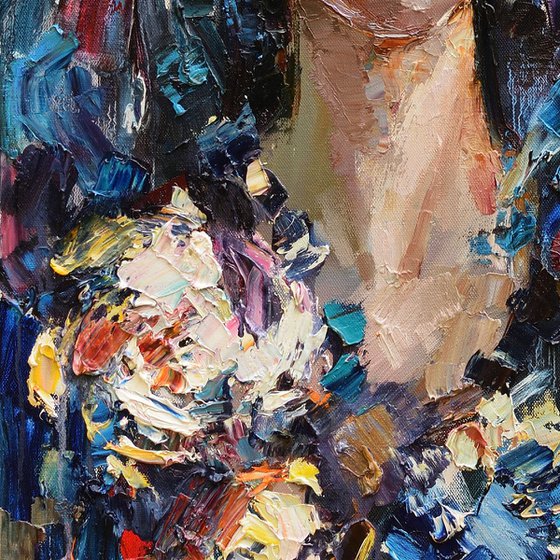 Russian girl in a headscarf Original abstract portrait painting on canvas 50 x 80 cm Palette knife