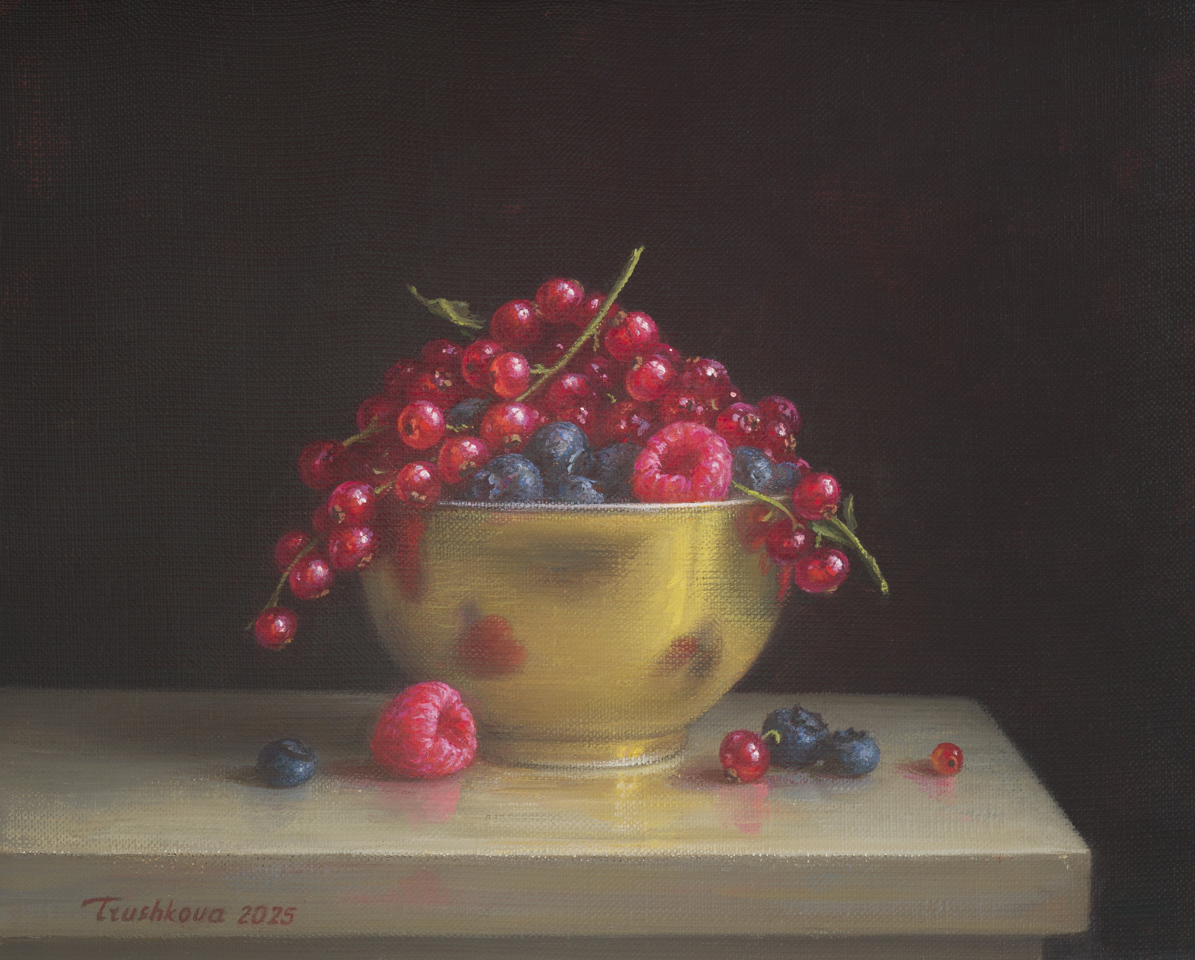 Photorealistic Still Life Oil Painting By Irina Trushkova, 12 X 9, Berries In A Golden Bowl, Original Artwork