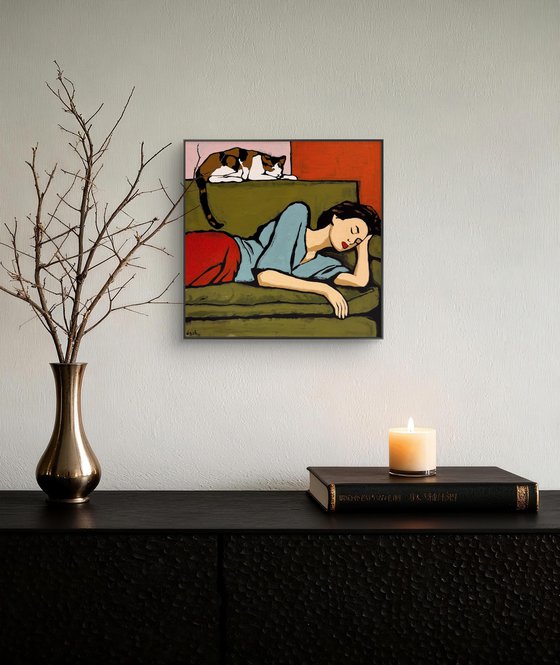 "Woman and Cat" 12x12in