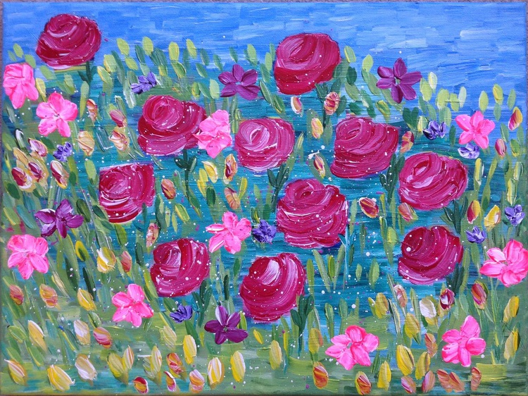 Rose Field Acrylic Painting By Saroj Buch Artfinder