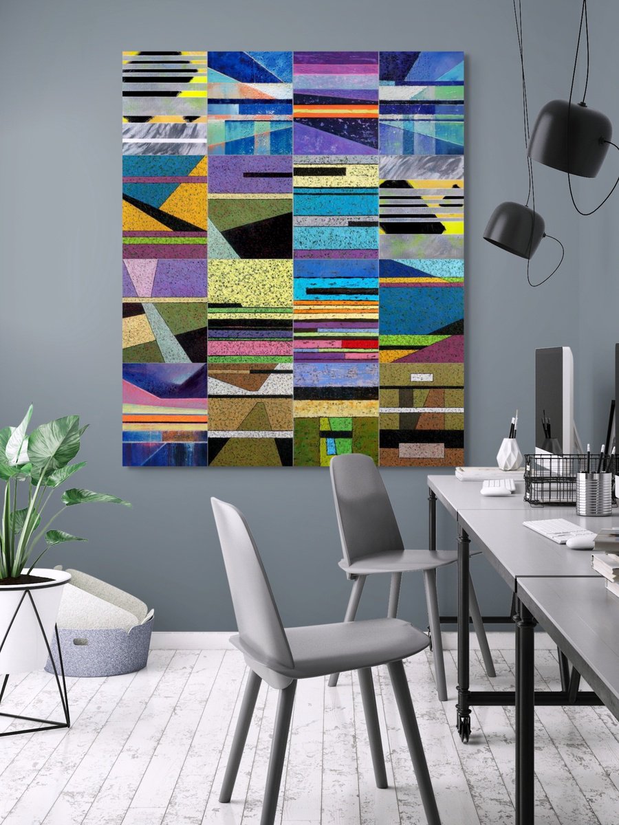 Abstract Oil Painting By Evgen Semenyuk, 39 X 47, Architecture Of Lines And Horizons, Original Artwork