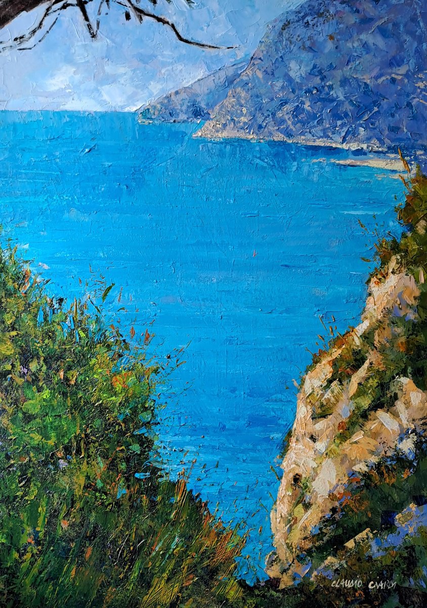Impressionistic Landscape Oil Painting By Claudio Ciardi, 20 X 28, The Blue Sea Of Capri Island., Original Artwork