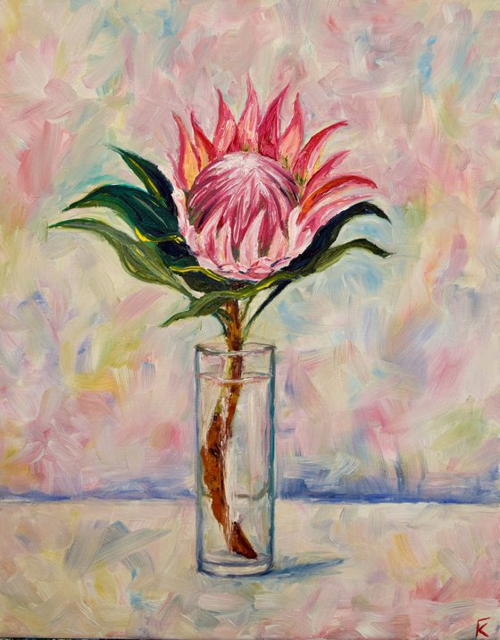 Flower protea original oil painting on canvas, pink plant in glass still life