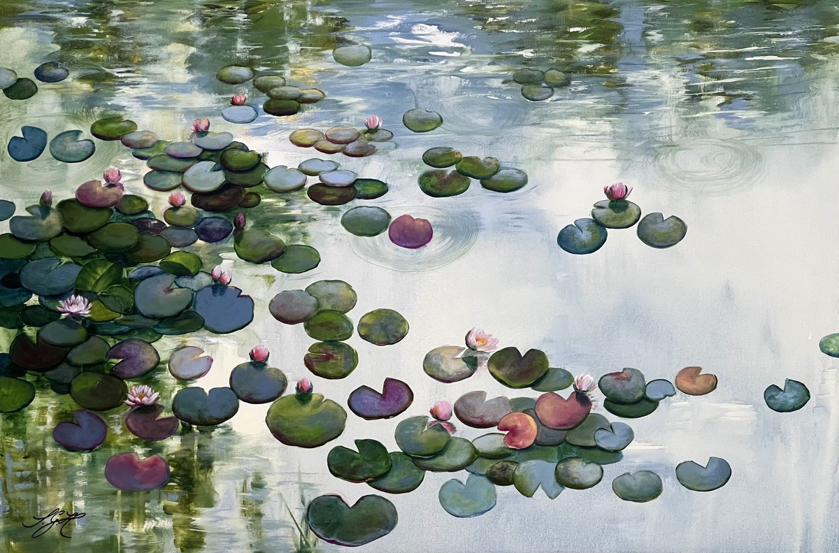 Impressionistic Botanical Acrylic Painting By Sandra Gebhardt-Hoepfner, 35 X 24", Always Waterlilies 8, Original Artwork