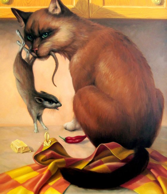 The cat 60x80cm, oil painting, surrealistic artwork