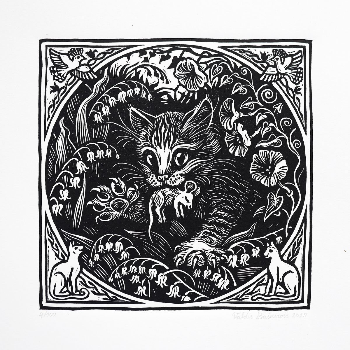 Linocut Print Kitty, Kitten, Cat Catching Mouse. by Valdis Baskirovs