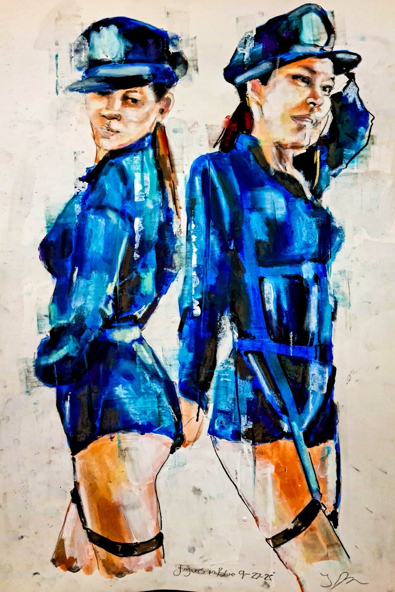 Expressive Drawing , Figures With Blue 9-27-25 By Thomas Donaldson, 15 X 22, Artwork For Sale On Artfinder