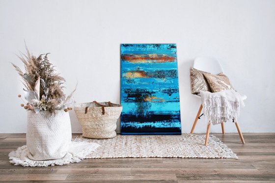 RUST AND BLUE - 120 X 80 CMS - ABSTRACT PAINTING TEXTURED * BLUE * RUST * GOLD