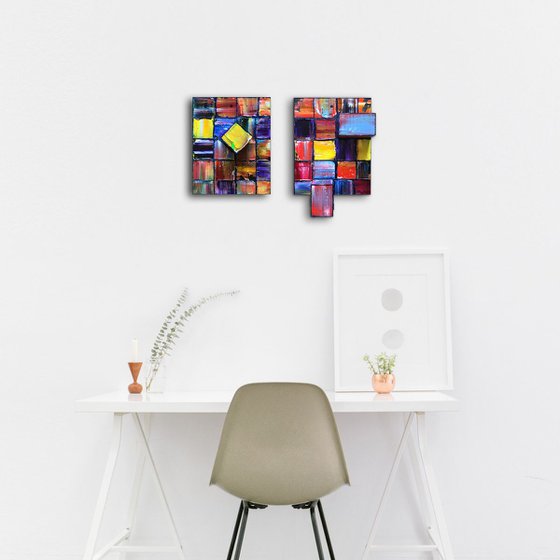 "We Just Fit" - FREE USA SHIPPING - Original Diptych PMS Mixed Media Sculptural Paintings On Wood, Framed - 16 x 11.5 inches