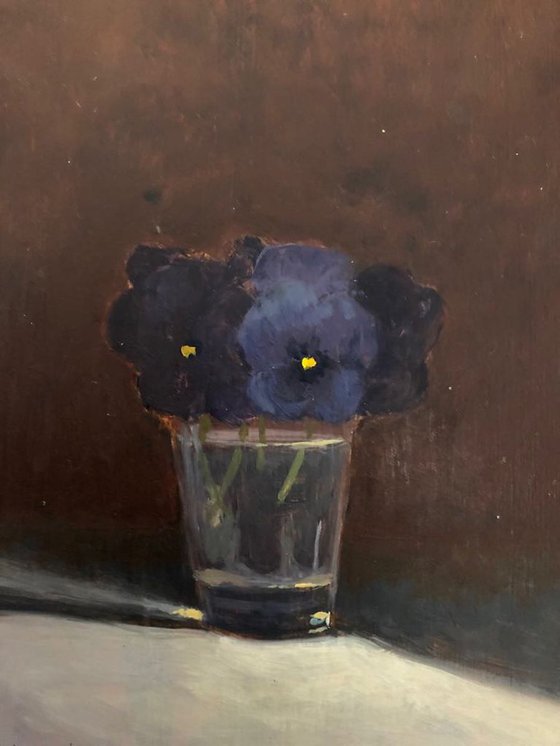 Purple Little Pansies in Shot Glass Oil Painting