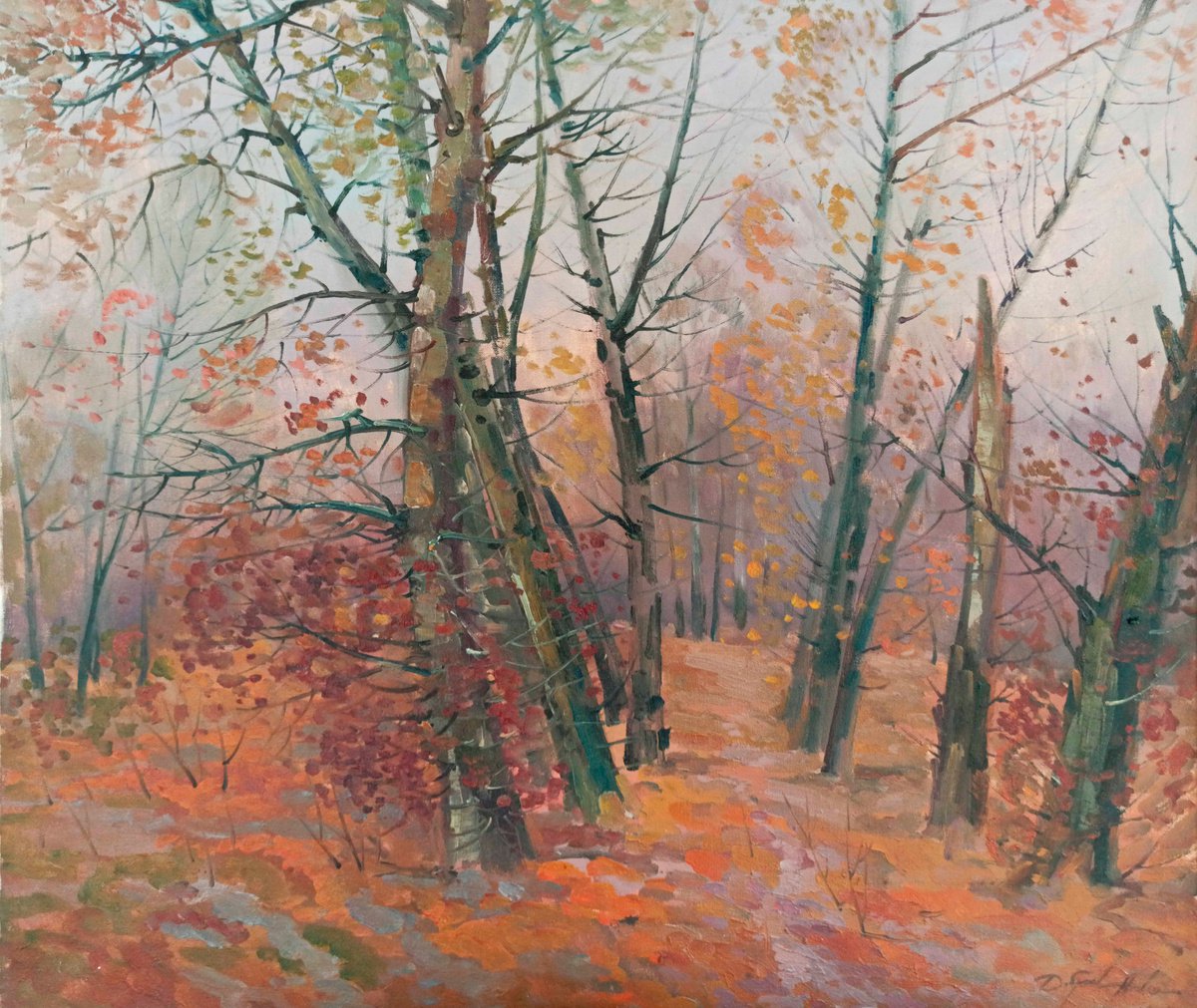 Impressionistic Landscape Oil Painting By Peter Tovpev, 31 X 28", Autumn Forest, Original Artwork