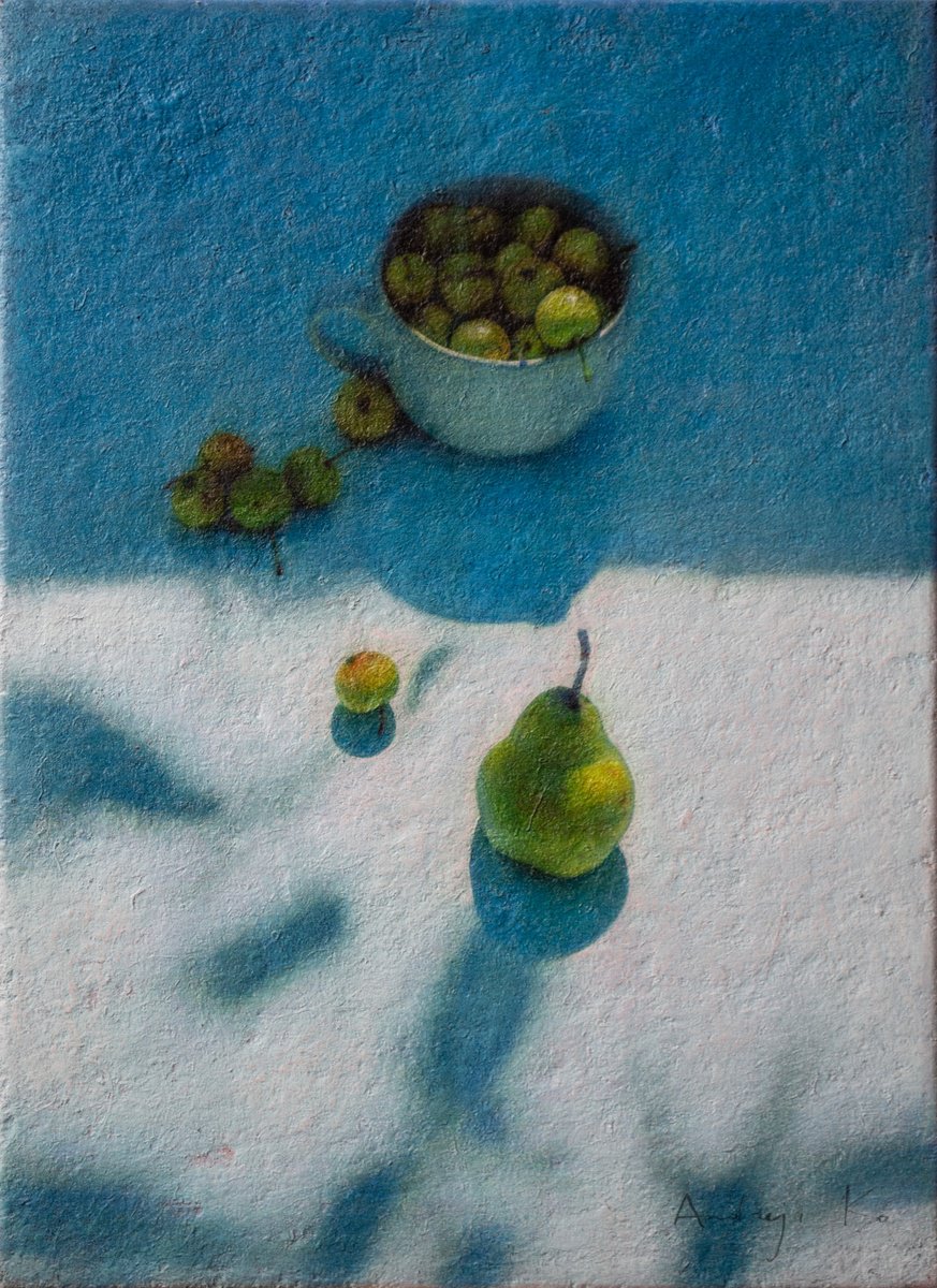 Photorealistic Still Life Acrylic Painting By Andrejs Ko, 16 X 22, The Pear And Apples, Original Artwork