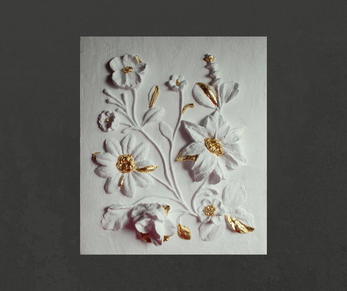 sculptural wall art Flowers with gold decor by Tatyana Mironova