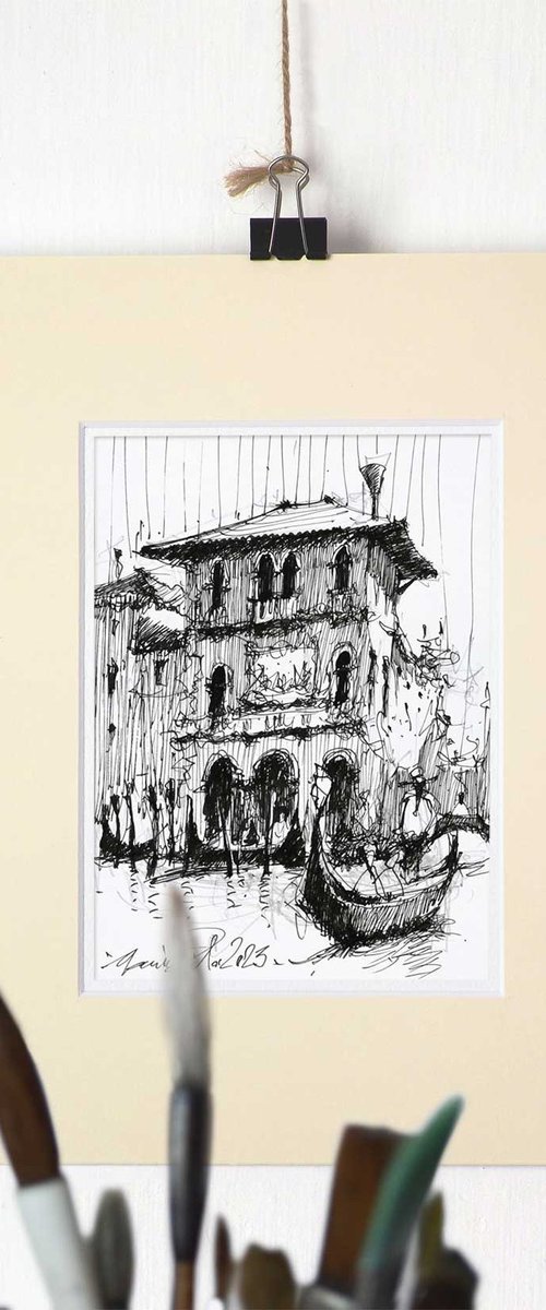 Venice architecture ink drawing. by Marin Victor