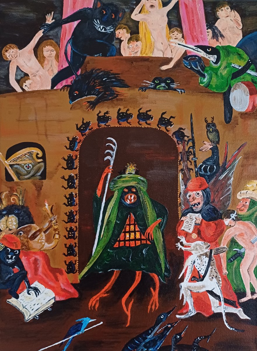 Expressive Animal Acrylic Painting By Corinne Hamer, 12 X 16, Devilish Judgement, Original Artwork