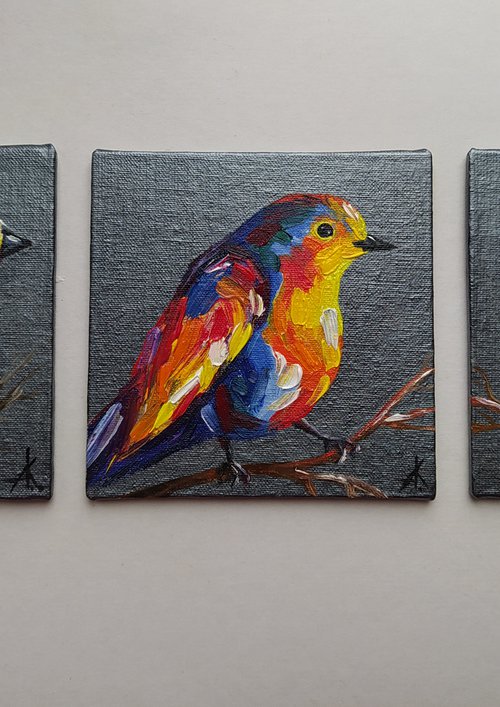 Triptych - birds, birds in love, oil painting, colored birds, love, for lovers, small birds, animals by Anastasia Kozorez