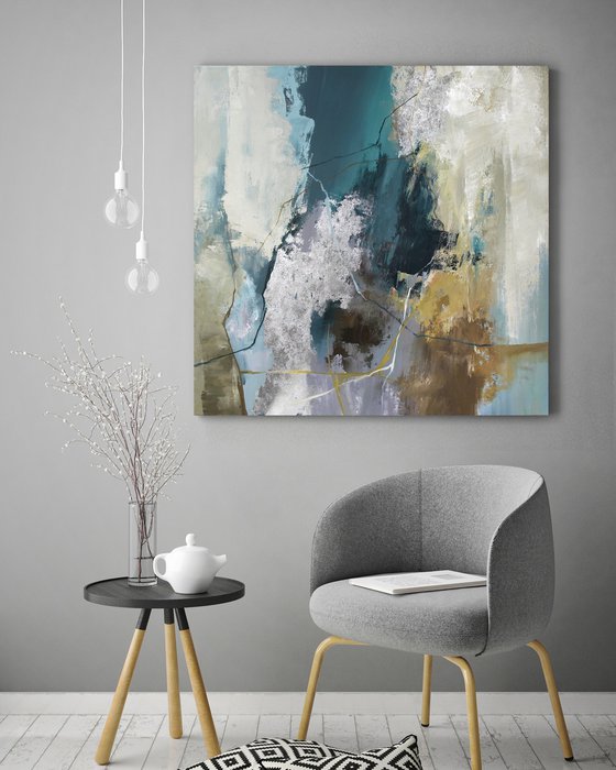 "Green Hill" Emerald silver abstract art