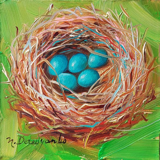 Robins blue eggs art oil original, Bird nest on green background painting 4x4, Bird eggs miniature small painting wall art framed