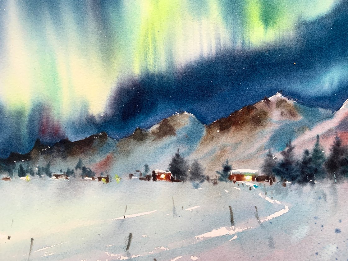 Aurora Borealis: Letting go and conquering the water in watercolor