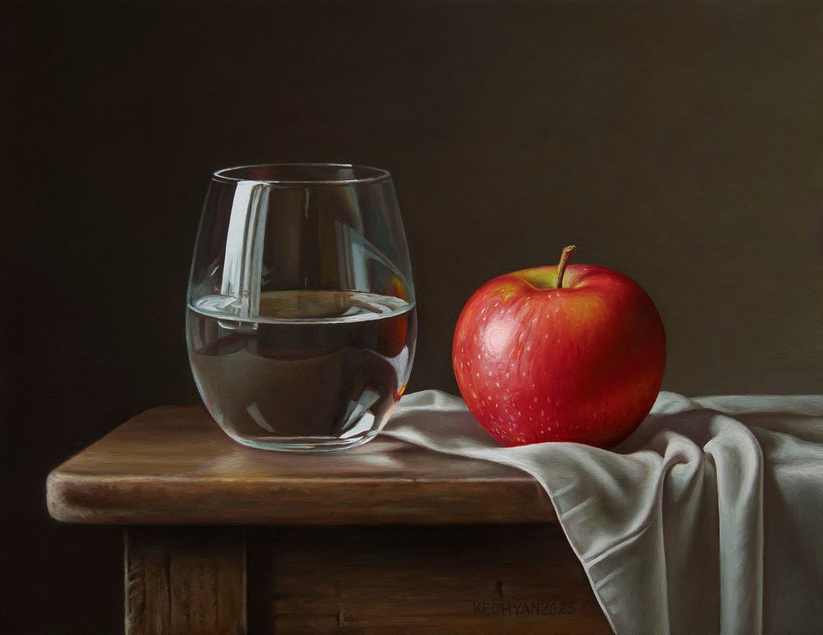 Photorealistic Still Life Oil Painting By Albert Kechyan, 14 X 11, Apple With A Glass, Original Artwork