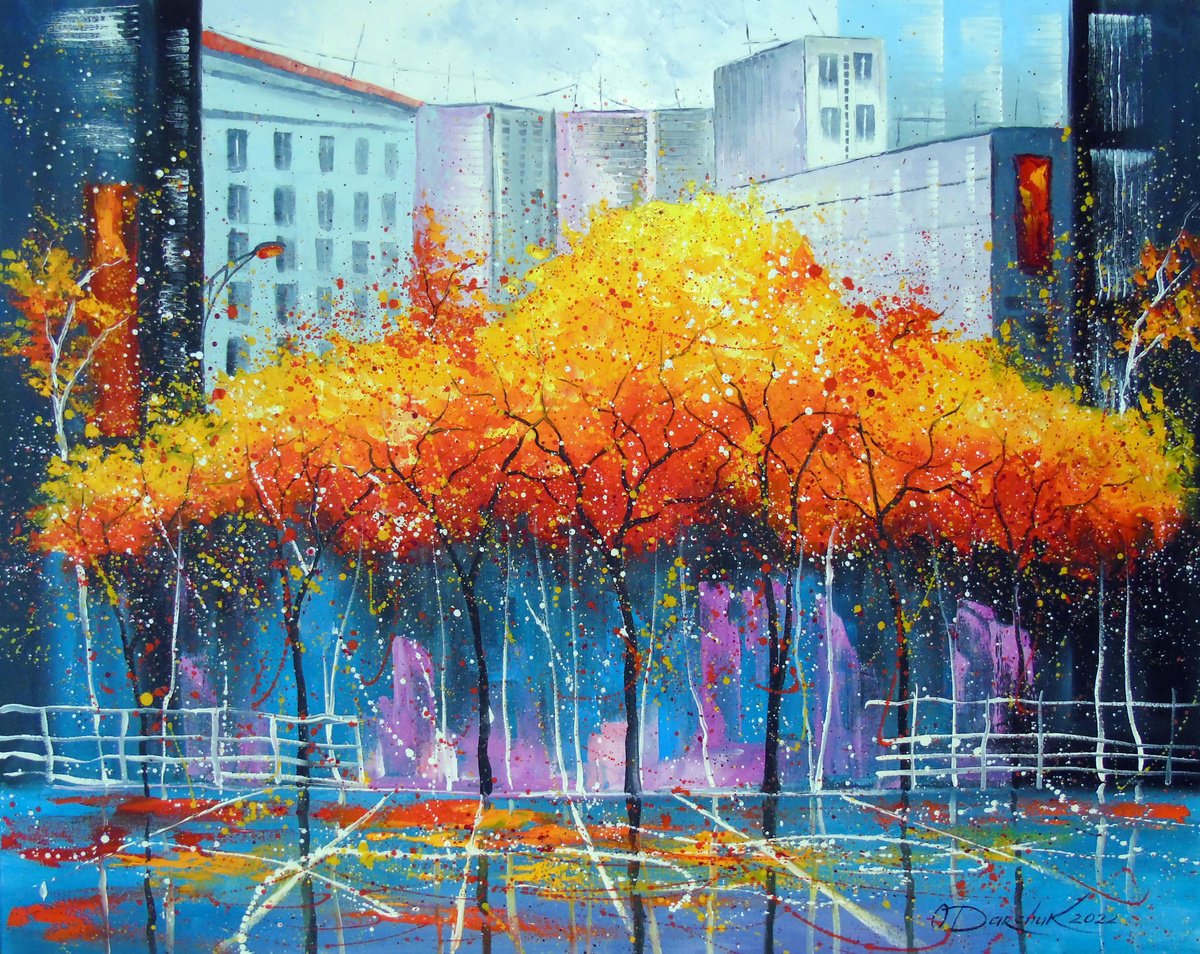 Impressionistic Cityscapes Oil Painting By Olha Darchuk, 39 X 31", Autumn In Chicago, Original Artwork
