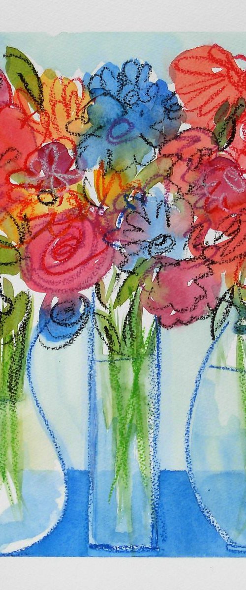 Three Vases of Summer Flowers by Jan Rippingham